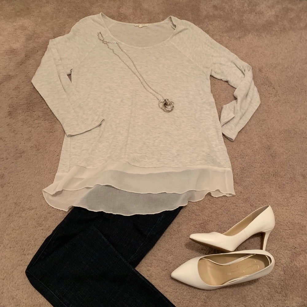 Grey LS top with sheer cream material on bottom